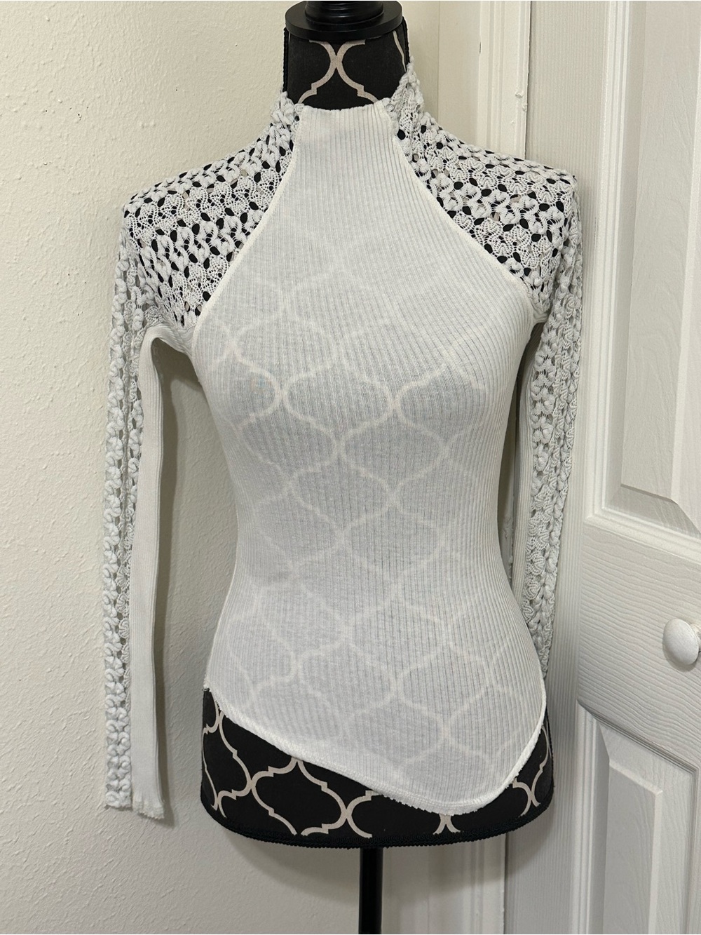 Free People White Long Sleeve Ribbed Top with Crochet Sleeves